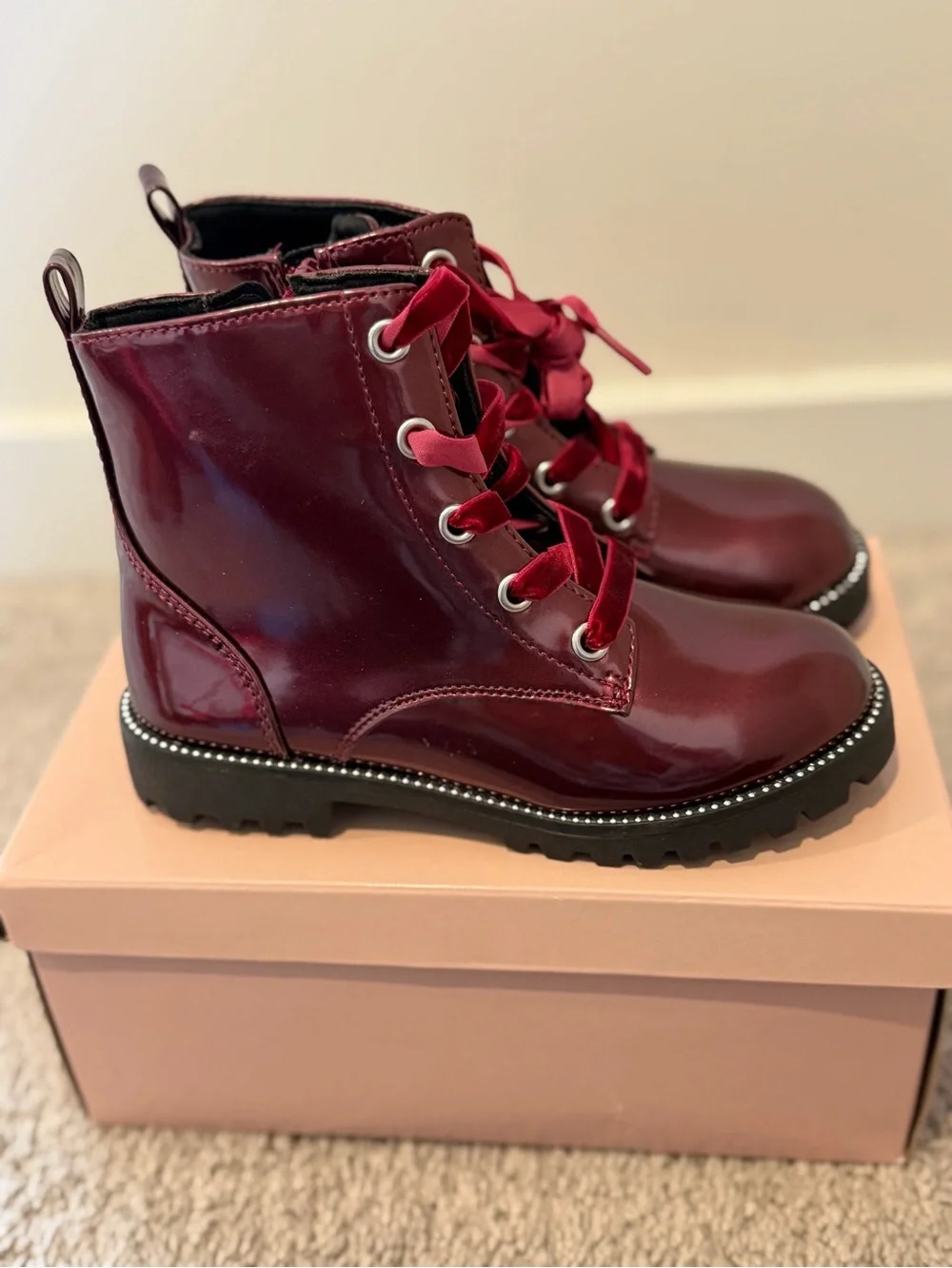 Girls Glossy Burgundy Lace-Up Combat Boots with Velvet Laces